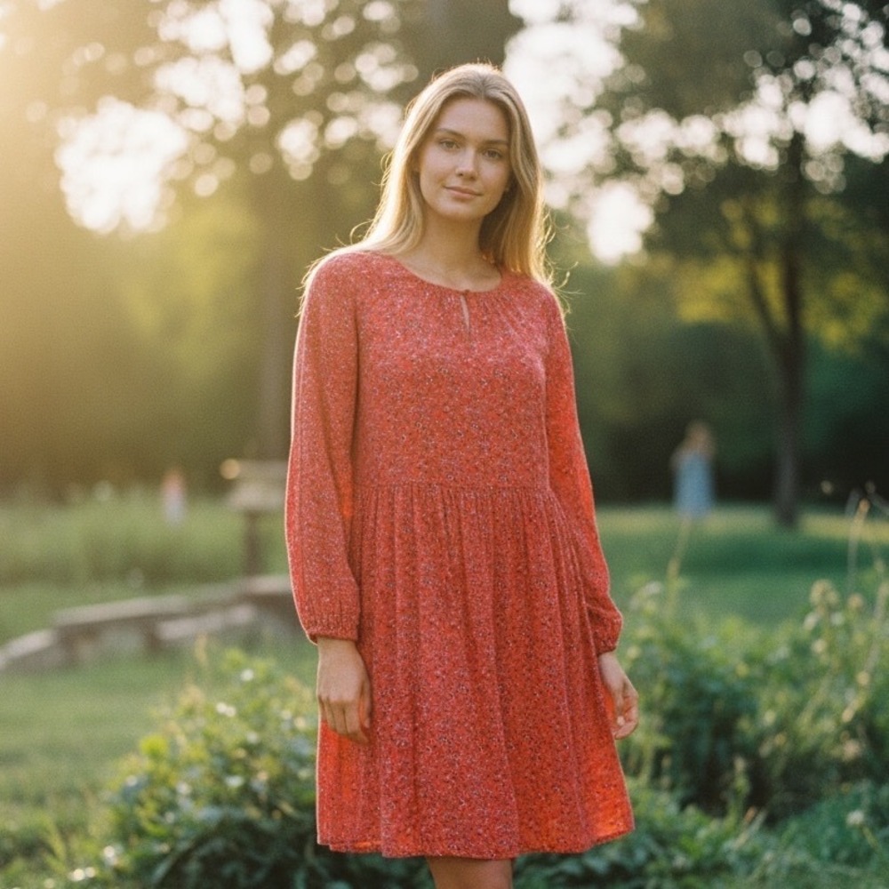 Old Navy Orange Floral Babydoll Mini Dress Lg Long Sleeve Boho Cottagecore